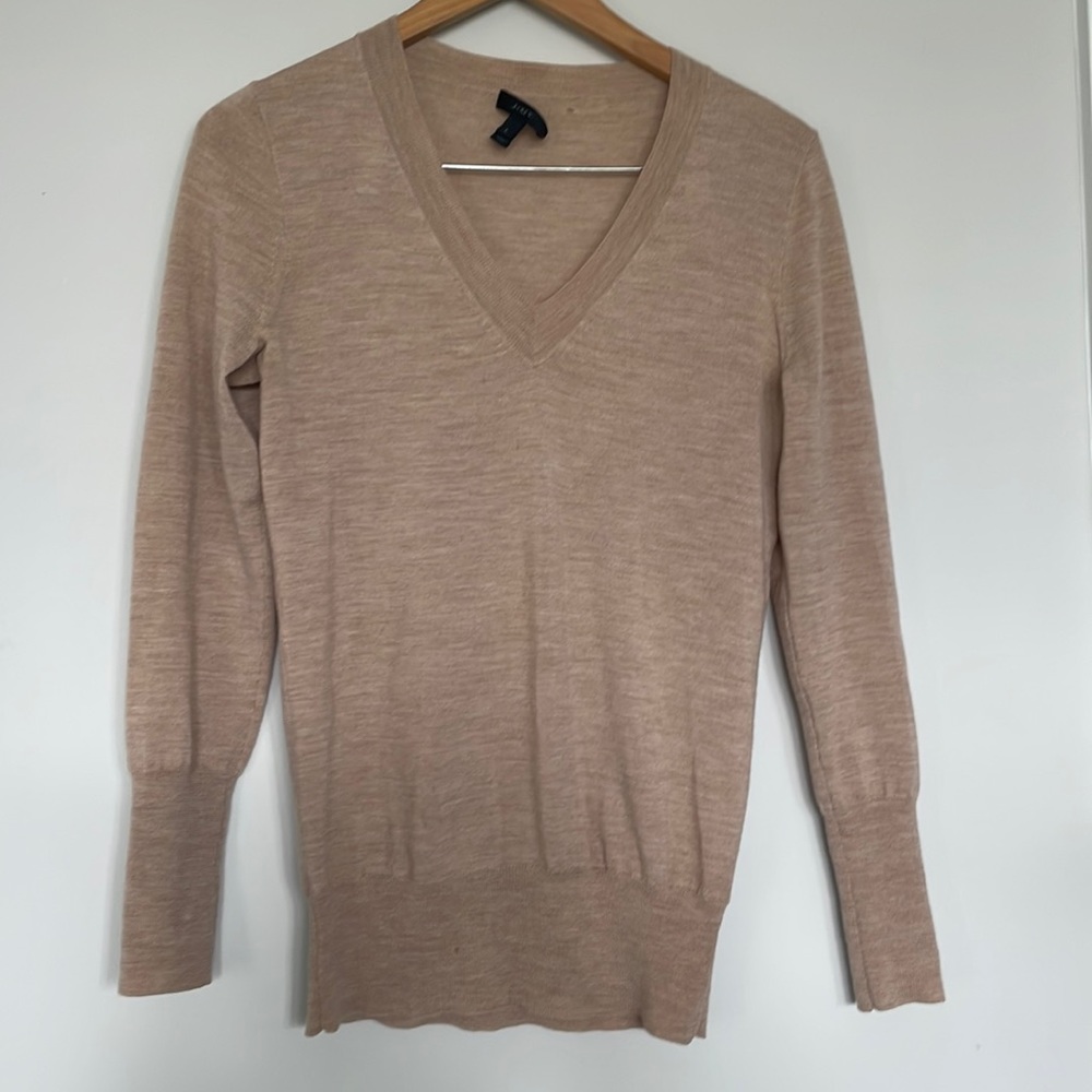 J. Crew V Neck Oatmeal Knit Marled Sweater Sz S